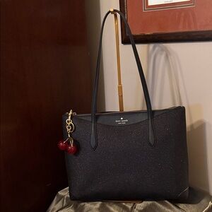 Kate Spade Joeley Lola Shimmy GlitterTop zip black Tote with Cherry Charm
